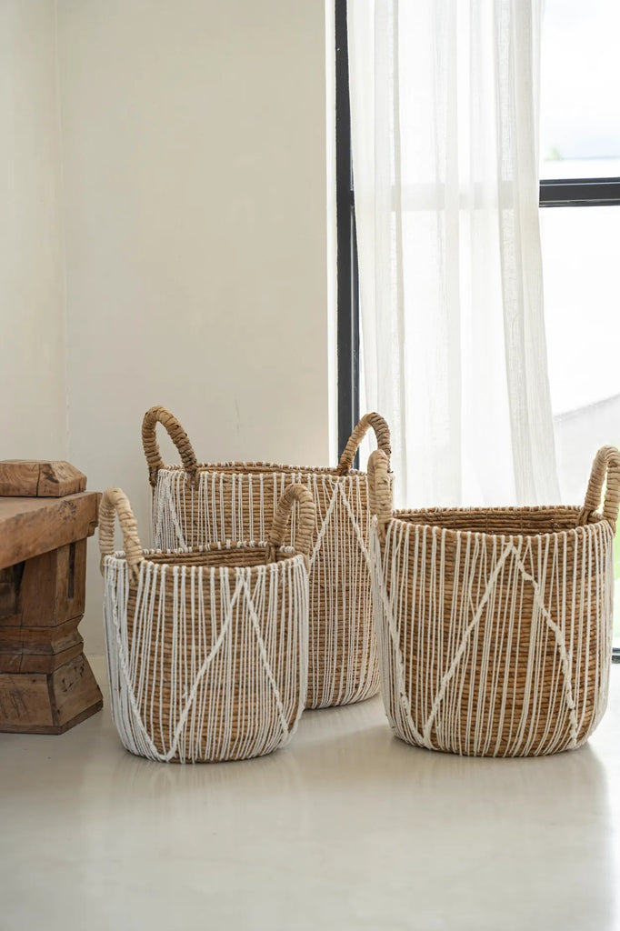 Cesta de macramé con puntada recta - Blanco natural - S